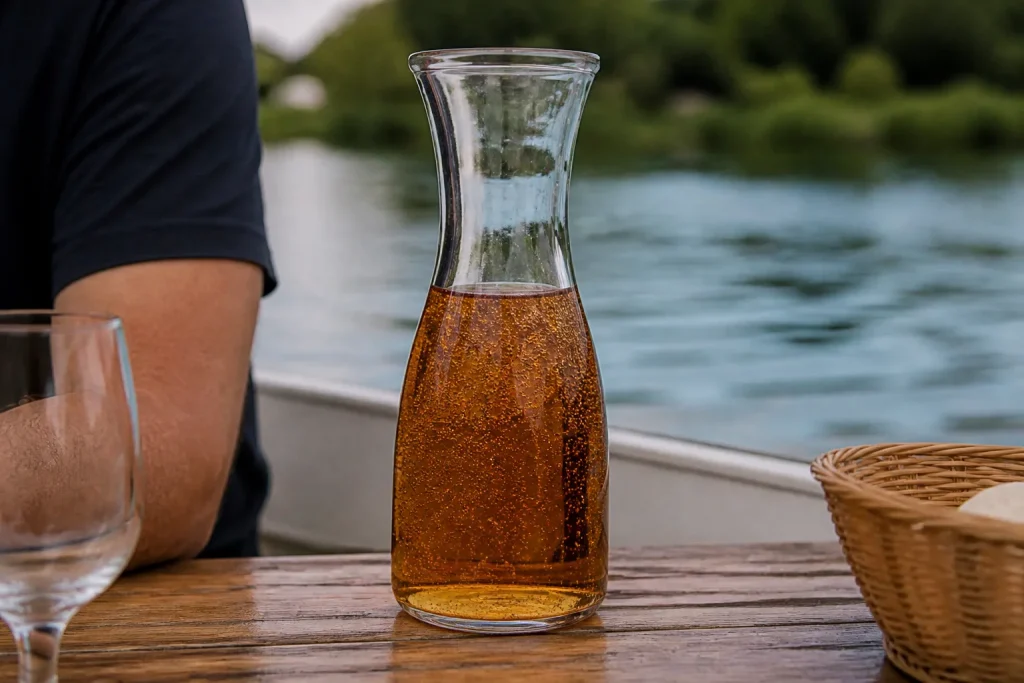 Carafe en verre remplie de liquide ambre et bulles