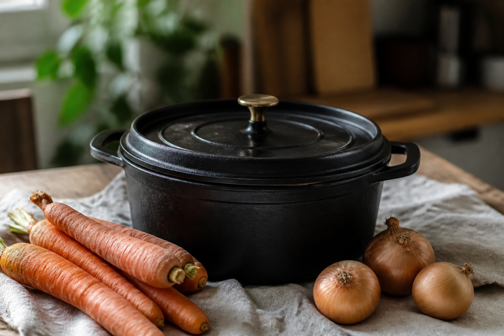 Cocotte en fonte couverte, carottes et oignons autour
