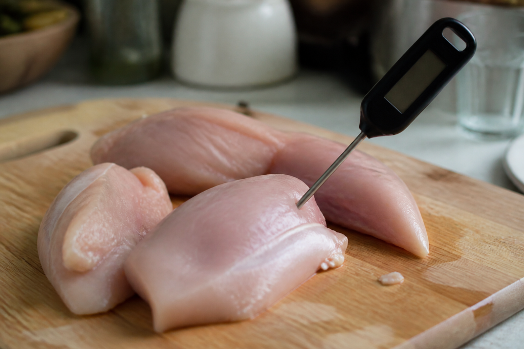 Filets de poulet crus avec thermometre sur planche