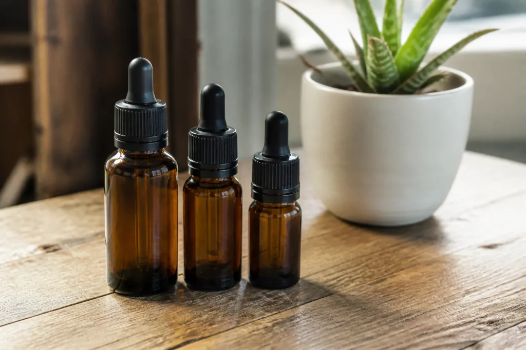 Flacons de CBD poses sur une table en bois