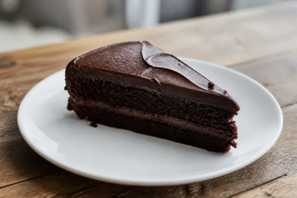 Part de gateau au chocolat sur assiette blanche