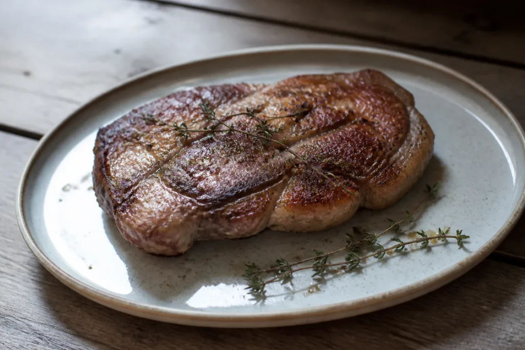 Piece de viande doree sur plat, brins de thym